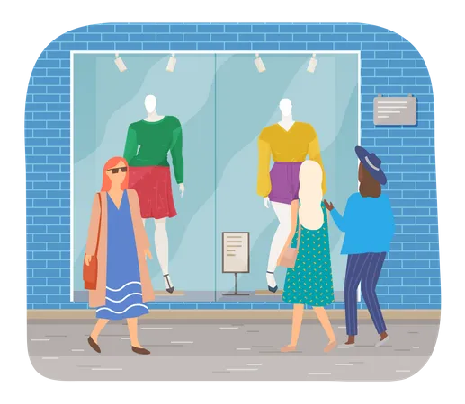 Femmes regardant un magasin avec une fenêtre de vêtements  Illustration