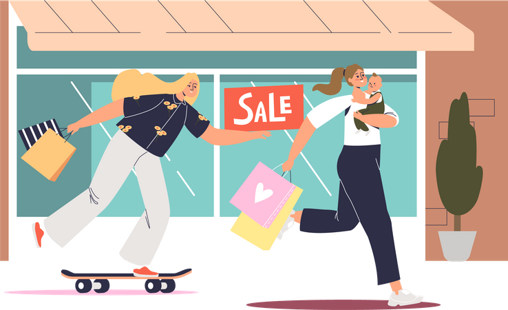 Les femmes se dépêchent de faire du shopping lors des soldes saisonnières  Illustration