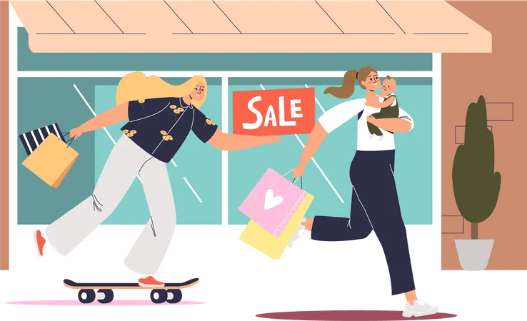 Les femmes se dépêchent de faire du shopping lors des soldes saisonnières  Illustration