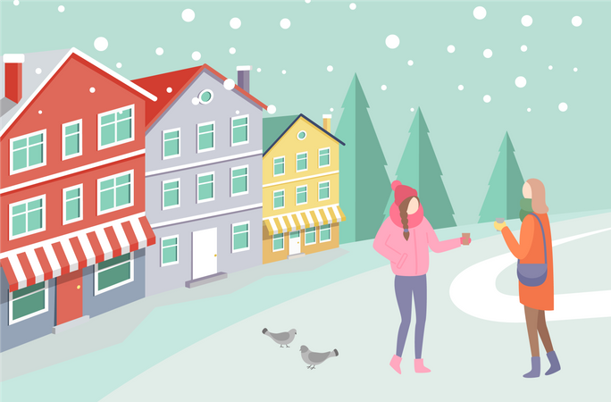 Femmes sur Snowing Street près de Colorful House  Illustration