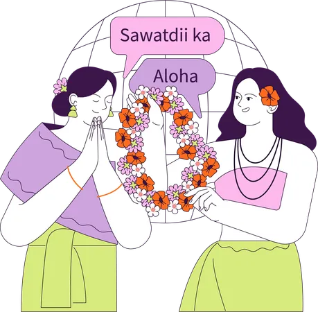 Femmes thaïlandaises et hawaïennes échangeant des salutations traditionnelles  Illustration