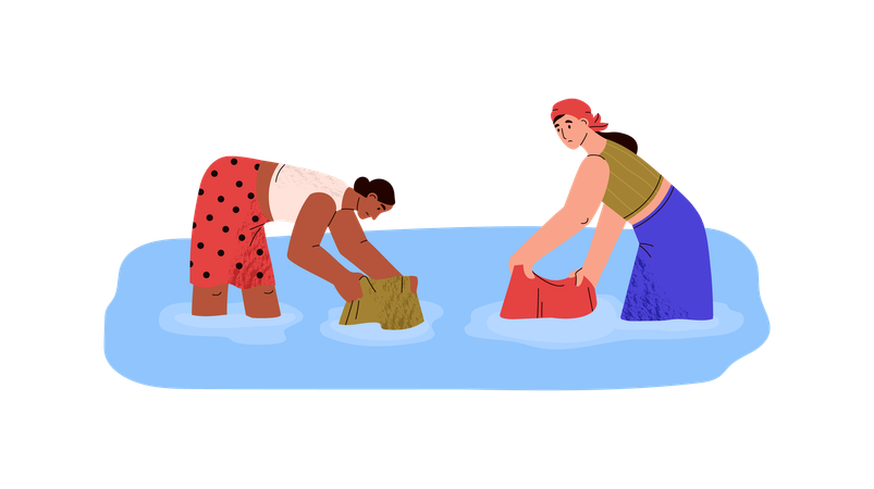 Femmes tristes lavant du linge dans une flaque d'eau ou une rivière  Ilustração