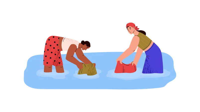 Femmes tristes lavant du linge dans une flaque d'eau ou une rivière  Ilustração