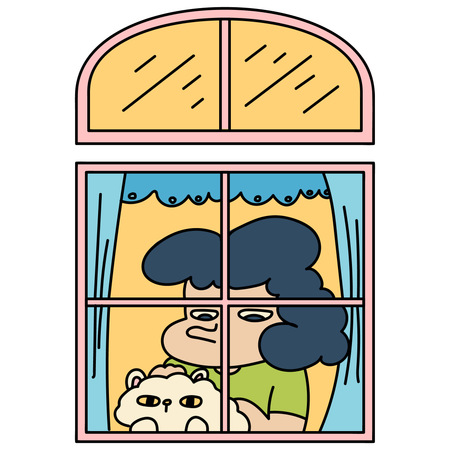 Fenêtre avec femme caressant le chat  Illustration
