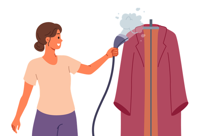 Fer à vapeur dans la main d'une femme qui s'occupe des vêtements après le lavage et qui profite des tâches ménagères  Illustration