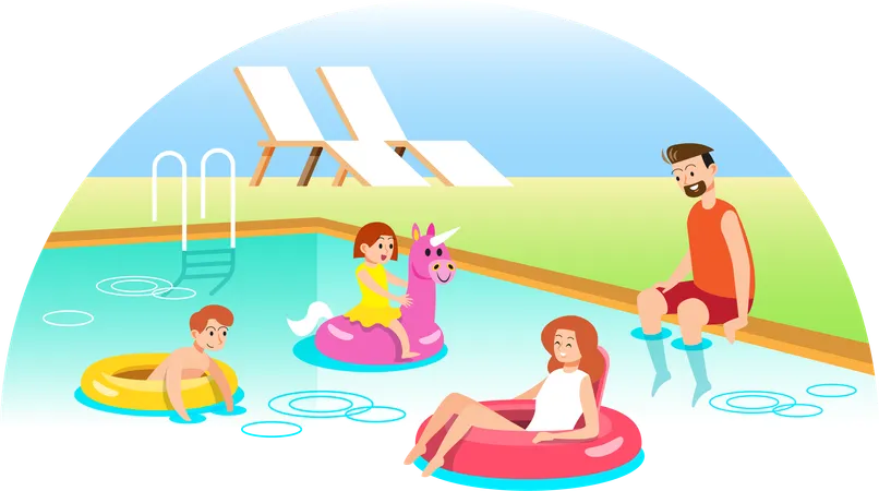 Família brincando na piscina  Ilustração