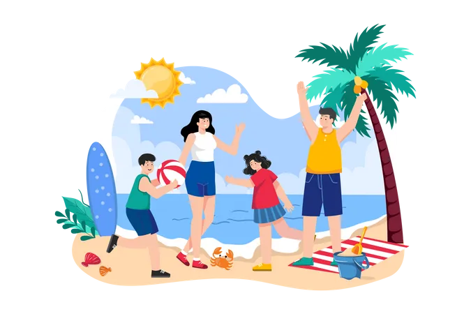 Férias na praia em família  Ilustração