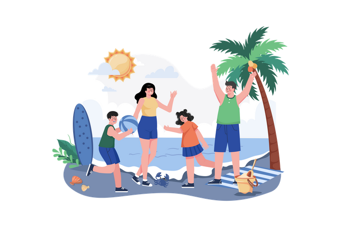 Férias na praia em família  Ilustração