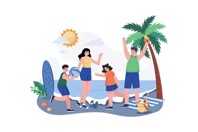 Férias na praia em família  Ilustração