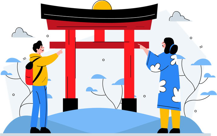 Dois viajantes em férias no Japão  Ilustração