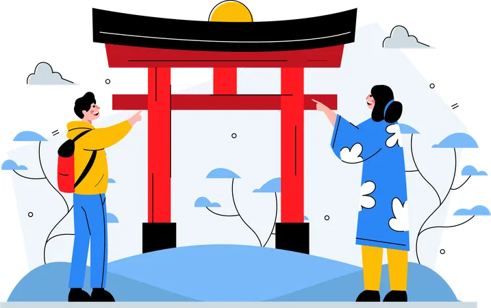 Dois viajantes em férias no Japão  Ilustração