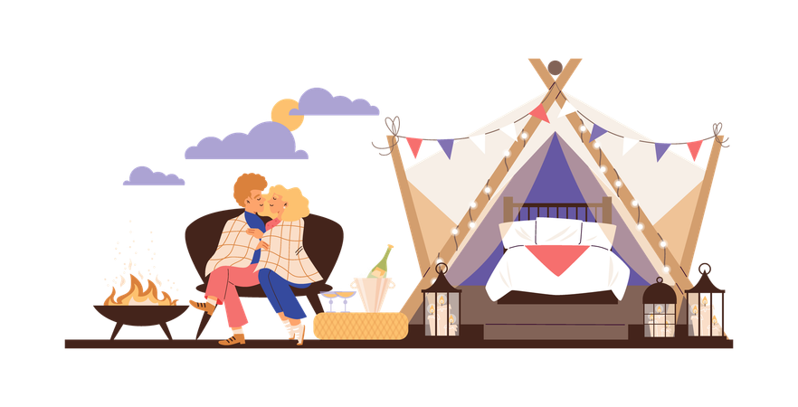 Férias românticas de casal em glamping na natureza  Ilustração