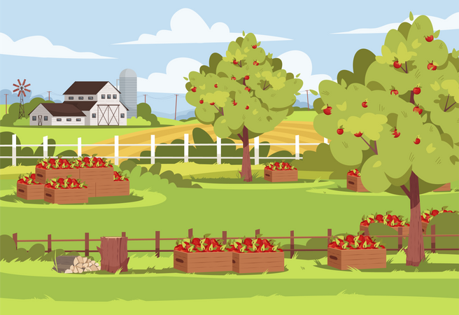 Ferme avec arbres fruitiers  Illustration