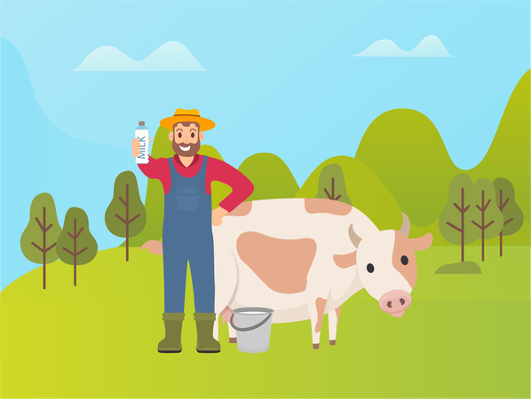 Fermier avec vache présentant du lait frais dans un seau  Illustration