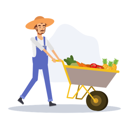 Agriculteur poussant le chariot de légumes  Illustration