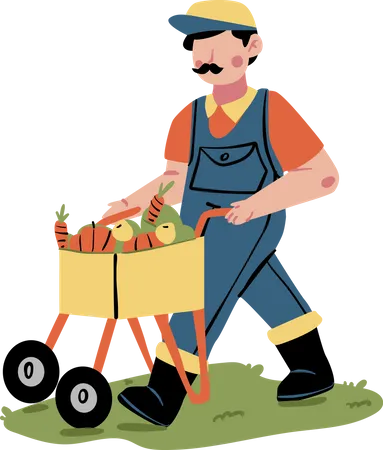 Agriculteur poussant le chariot de légumes  Illustration