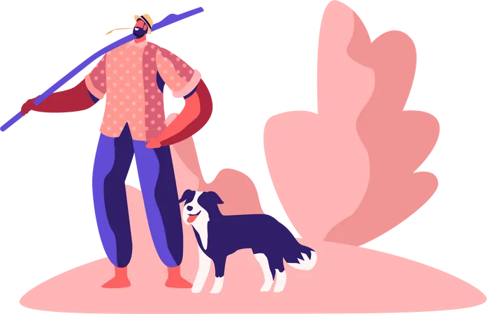 Fermier marchant dehors avec un chien  Illustration