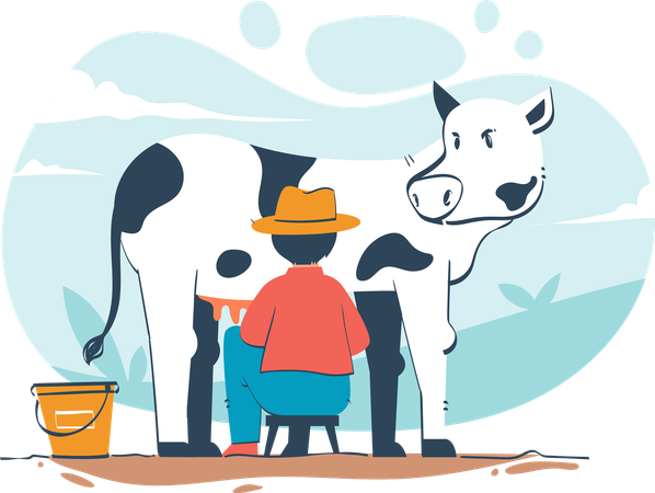 Agriculteur, traite, vache  Illustration