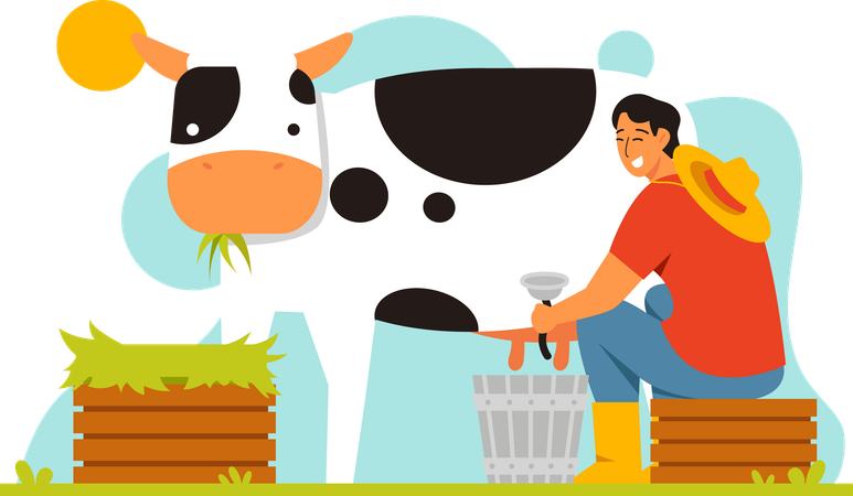 Fermier traire une vache  Illustration