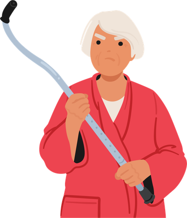Mujer mayor feroz empuñando su bastón como guerrero decidido  Ilustración