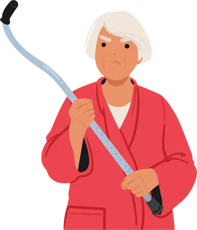 Mujer mayor feroz empuñando su bastón como guerrero decidido  Ilustración