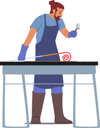 Trabalho masculino de ferreiro com instrumento de martelo e pedaço de ferro quente  Ilustração