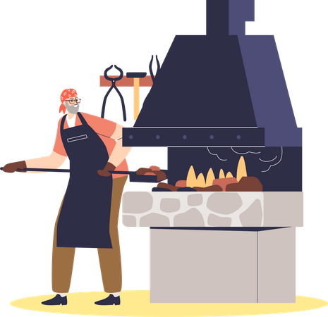 Ferreiro no trabalho queimando aço metálico em forno de fornalha em oficina de metalurgia  Ilustração