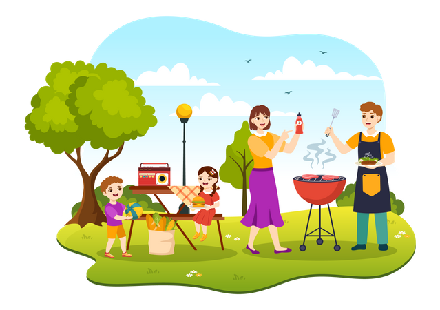 Família curtindo festa de churrasco  Ilustração