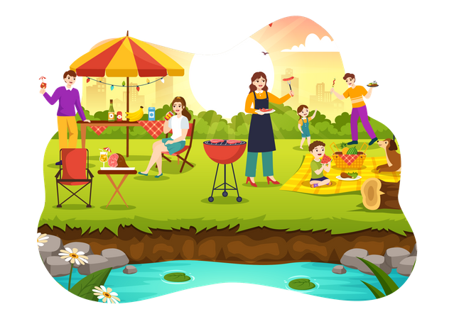 Família curtindo festa de churrasco  Ilustração