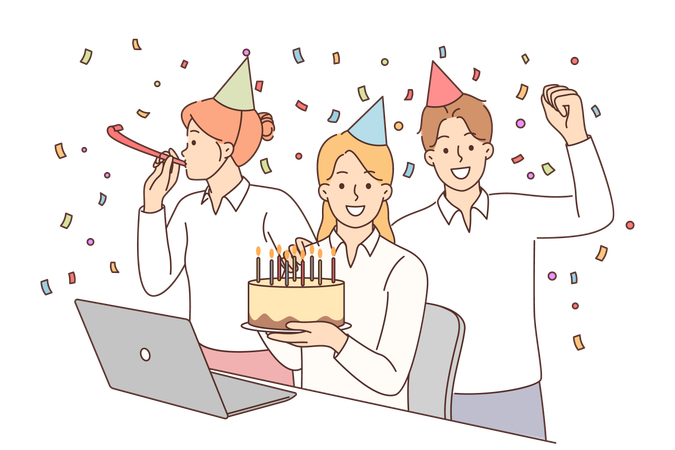 Festa de aniversário com colegas de escritório e amigos  Ilustração