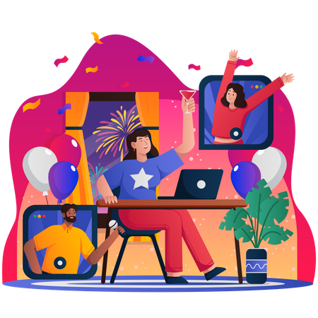 Festa de ano novo on-line  Ilustração