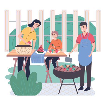 Família fazendo festa de churrasco  Ilustração