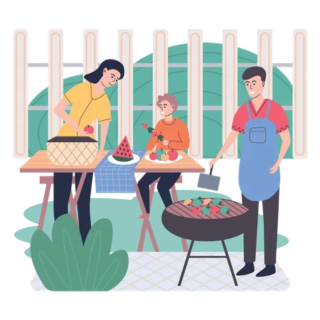 Família fazendo festa de churrasco  Ilustração