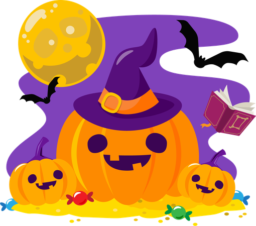 Abóbora assustadora de Halloween com chapéu de bruxa e personagens de Halloween em noite de lua cheia  Ilustração