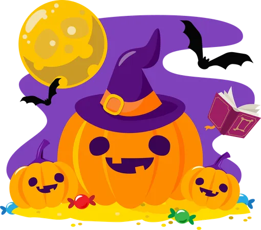 Abóbora assustadora de Halloween com chapéu de bruxa e personagens de Halloween em noite de lua cheia  Ilustração