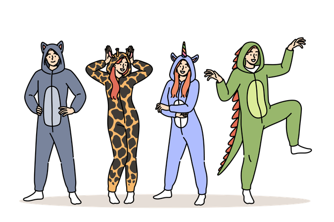 Festa do pijama para homens e mulheres em lindas fantasias de animais para maior conforto  Illustration