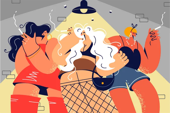 Garotas festeiras fumando cigarro  Ilustração