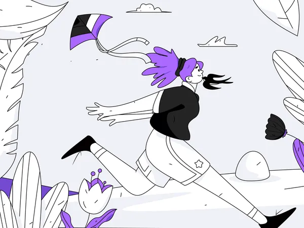 Chica corriendo en el festival de vuelo de cometas  Ilustración