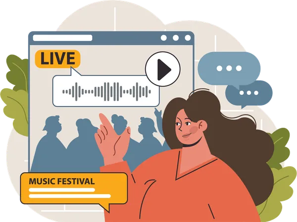 Garota ouvindo festival de música ao vivo  Ilustração