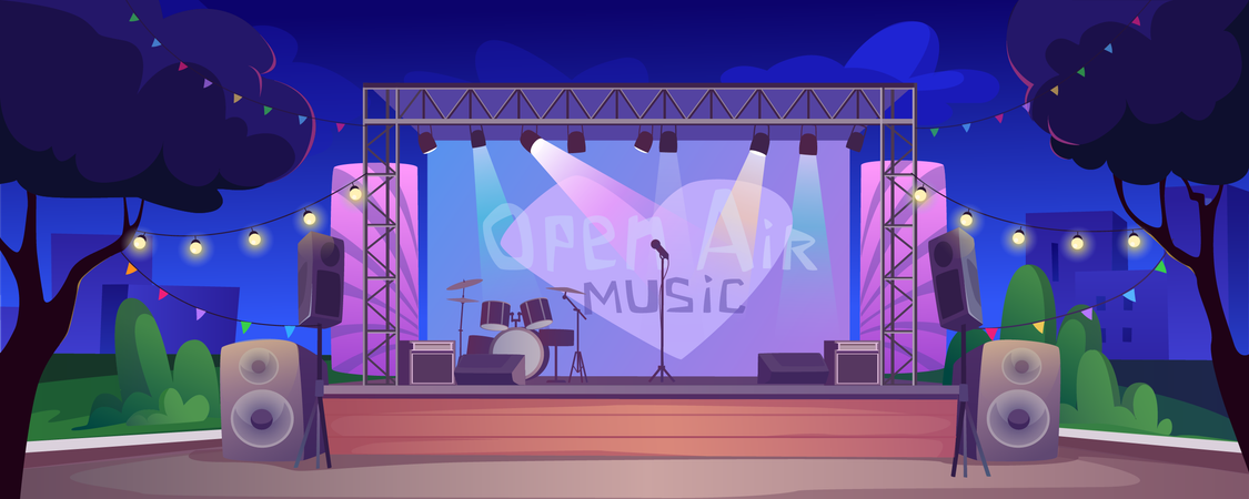 Festival music stage at night in Open air musical concert equipment with instrument on scene  Illustration