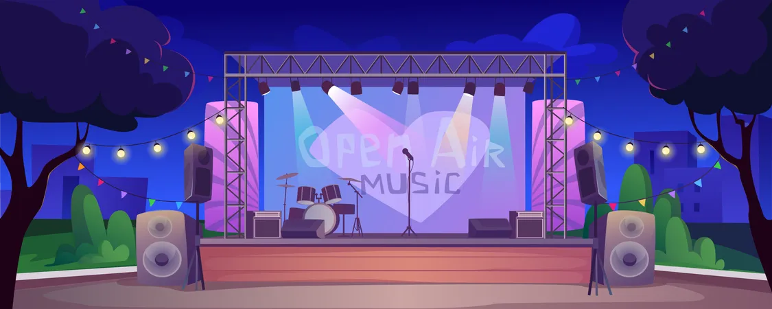 Festival music stage at night in Open air musical concert equipment with instrument on scene  Illustration