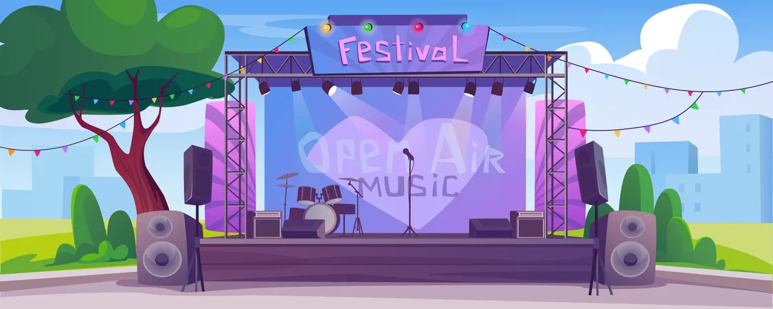 Festival music stage with Open air musical concert equipment with instrument on scene  Illustration