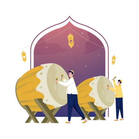 Musulmanes Tocando El Tambor Por El Concepto Del Festival Ramadan Bedug Ilustración