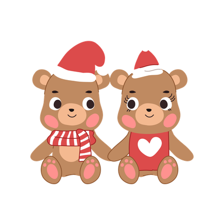 Festive bear couple in Christmas outfit sitting together in winter  Illustration