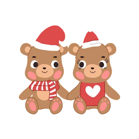 Festive bear couple in Christmas outfit sitting together in winter  Illustration