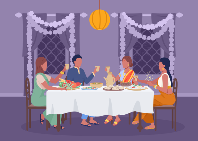 Festive dinner on Diwali Illustration