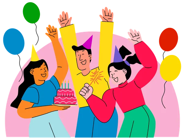 A Festive Group Celebration With A Birthday Cake Balloons And A Joyful Atmosphere Illustration