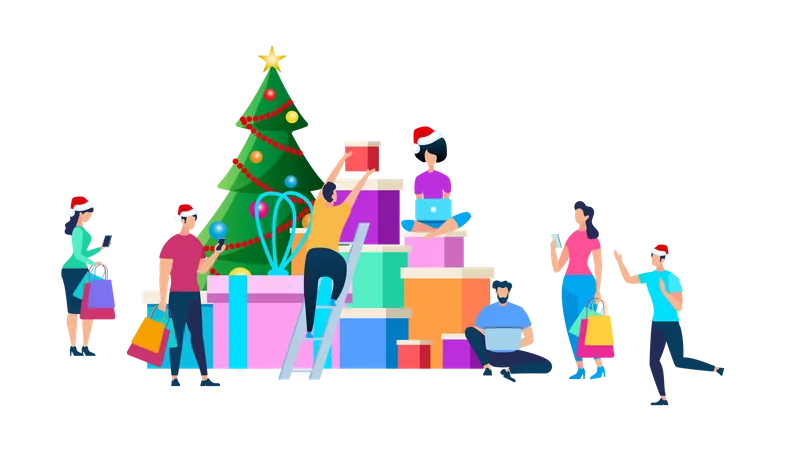 Festive People Preparing for Christmas Celebration  Illustration