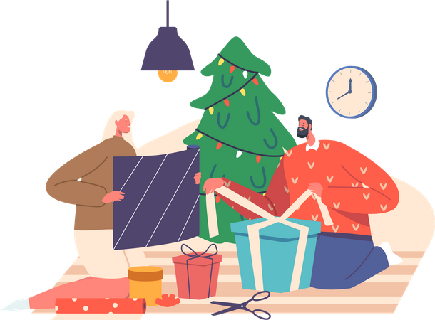 Festive Xmas Eve, Male Female Characters Couple Celebrate New Year and Christmas Holidays. Man and Woman Packing Gifts  Illustration