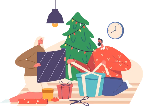 Festive Xmas Eve, Male Female Characters Couple Celebrate New Year and Christmas Holidays. Man and Woman Packing Gifts  Illustration